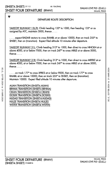 ダラス・ラブフィールド空港 Dallas, TX (KDAL): SNSET FOUR (RNAV) (DP)