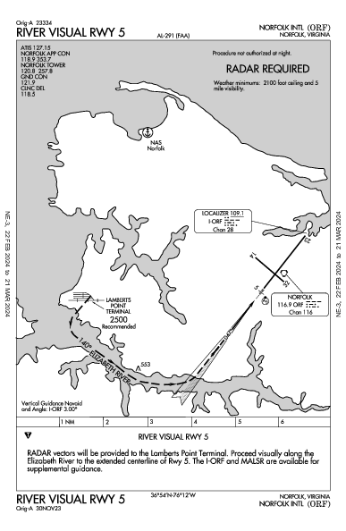 ノーフォーク国際空港 Norfolk, VA (KORF): RIVER VISUAL RWY 05 (IAP)